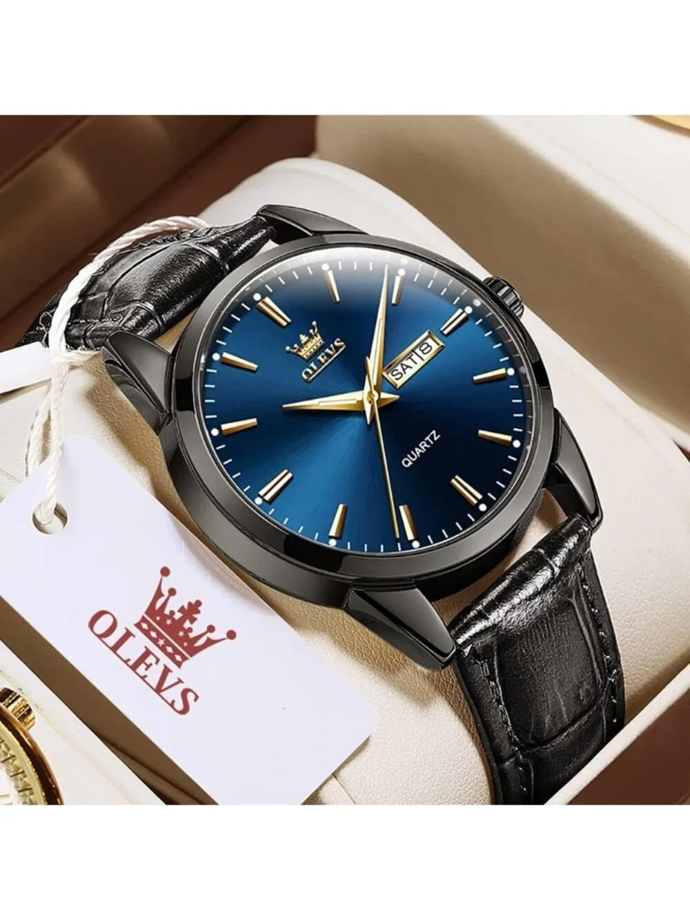Men's Blue Fashion Quartz Leather Black Buckle Waterproof Luminous Round Watch